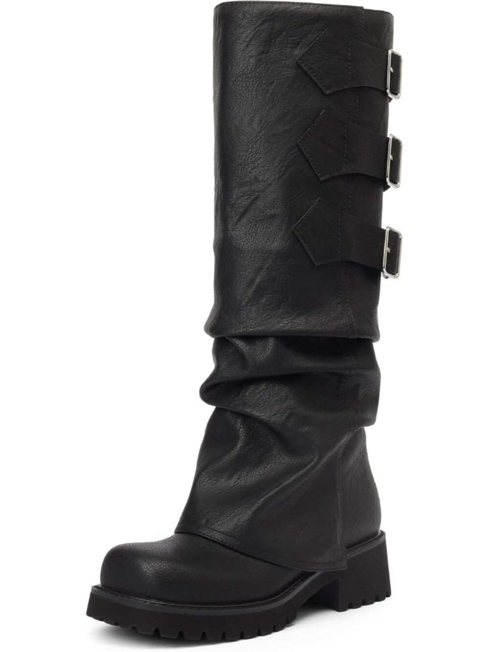 👢Women's Black Knee High Moto Riding Boots Fold Over Block Heels Platform Boot